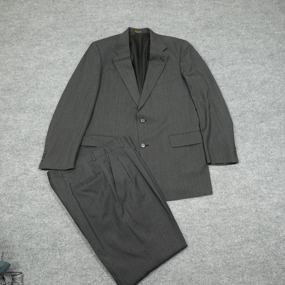Tailors Row Suit Mens 42L 36W Grey Pinstripe 100% Wool 2-Button Pleated Finery